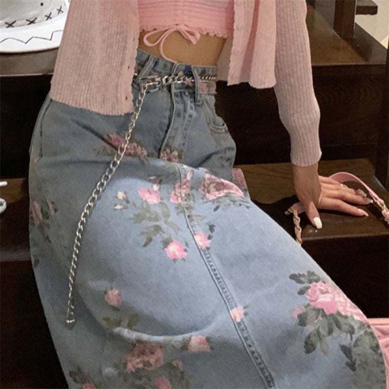 KittenAlarm - Vintage Flowers Sexy Open Long Denim Skirts