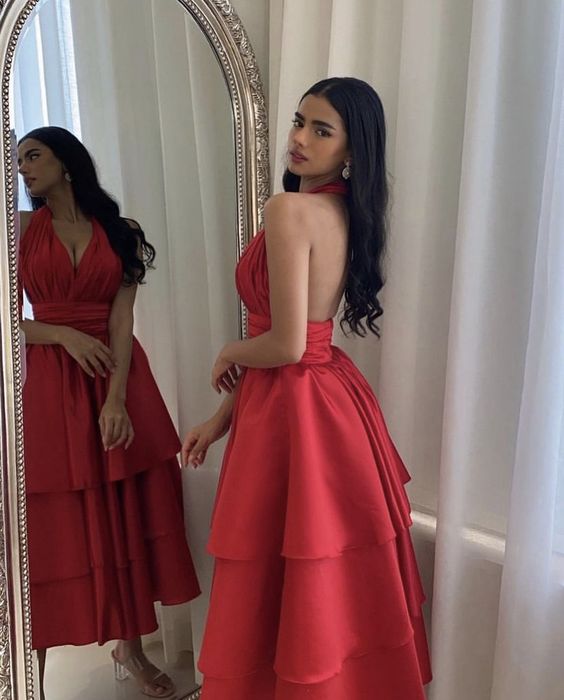 Elegant Short Satin Halter Evening Dresses Muslim Backless A-Line Red Dress Formal Dress Pleated Tea Length Gowns - Fashionpara