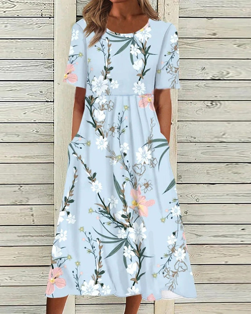 Floral Print Short Sleeve Round Neck Empire Waist Pocket Midi Dress