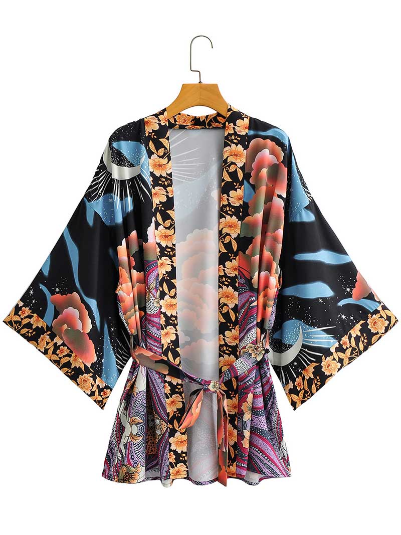 Short Gown Kimono Floral Print Multicolor Polyester Gown Kimono Duster Robe - Fashionpara