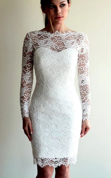Long Sleeve Lace Short Fitted Wedding Dress