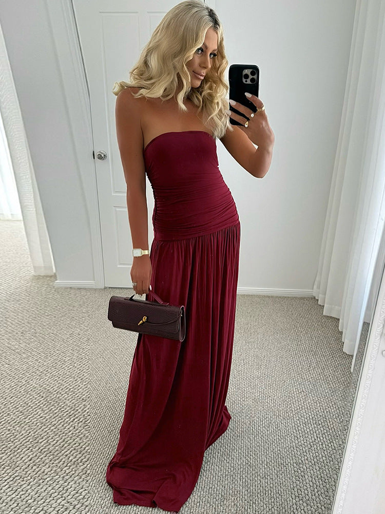 Strapless Ruched Bodice Drop Waist Maxi Dress 2