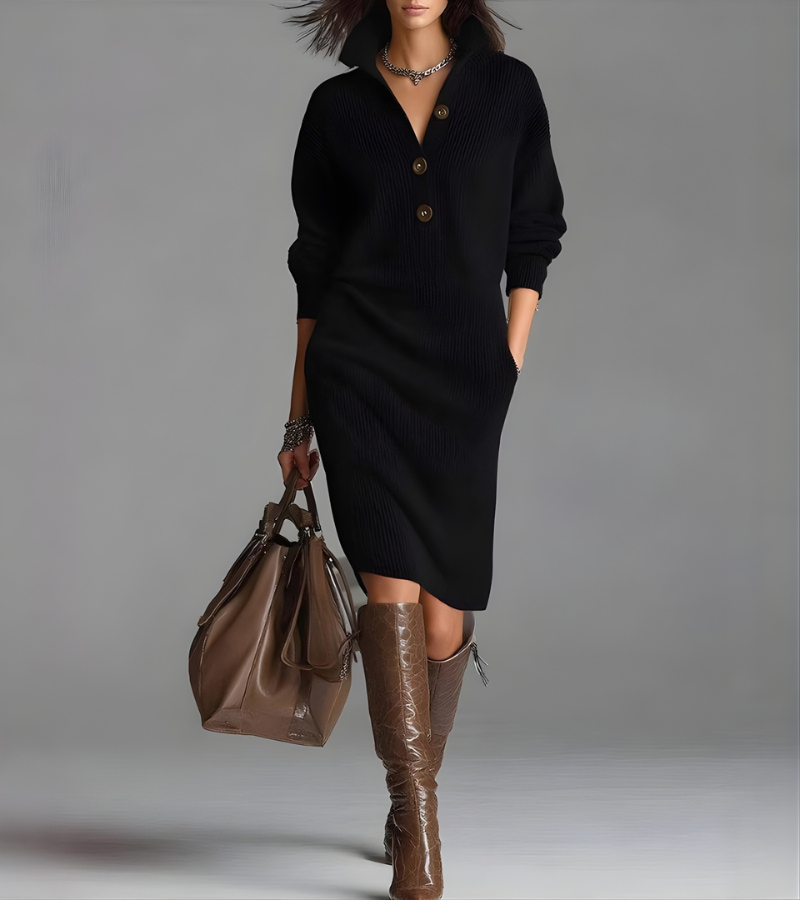 Button Placket Collared Long Sleeve Ribbed Knit Midi Dress 2