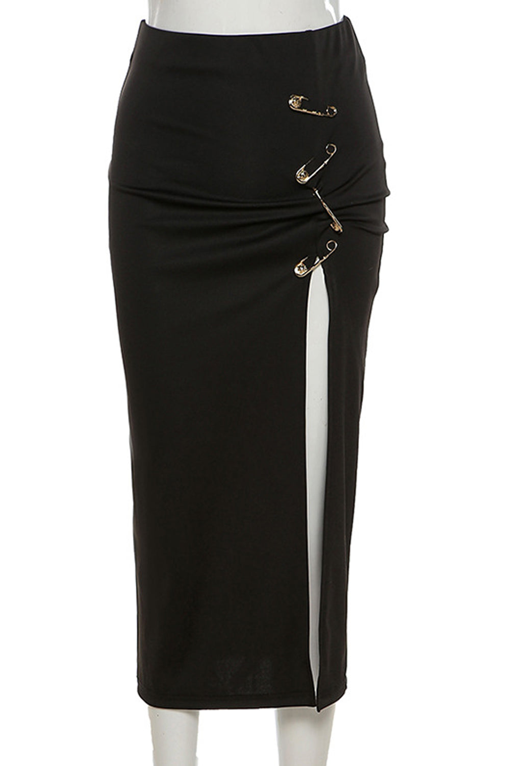 KittenAlarm - High Waist Pins Buckle Long Split Skirt