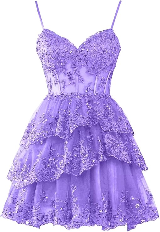 Purple Homecoming Dresses for Teens Tulle Lace Applique Tiered A-line Formal Short Mini Prom Dress - Fashionpara