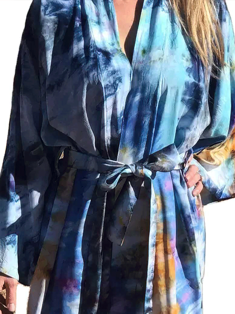 Tie-Dye Print Multicolor Polyester Long Length Gown Kimono Duster Robe 3