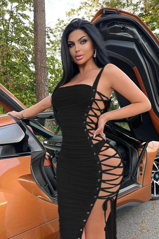 Hollow Side Lace-Up Ruched Slim Fit Party Dress