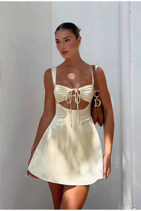 Satin Sweetheart Neck Cut-Out A-Line Mini Dress