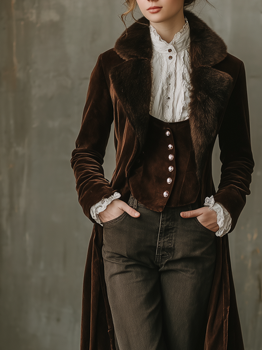 Retro Faux Fur Collar Velvet Long Coat - Fashionpara