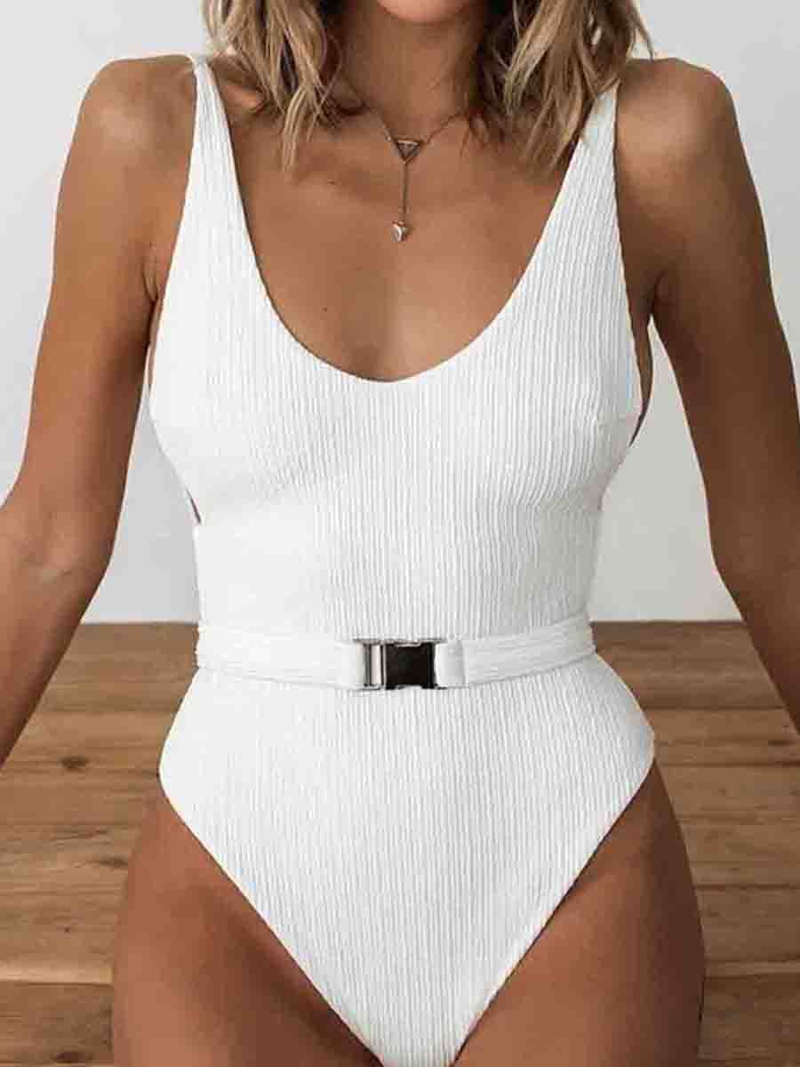 Belt Design Solid One-piece Swimsuit - Fashionpara
