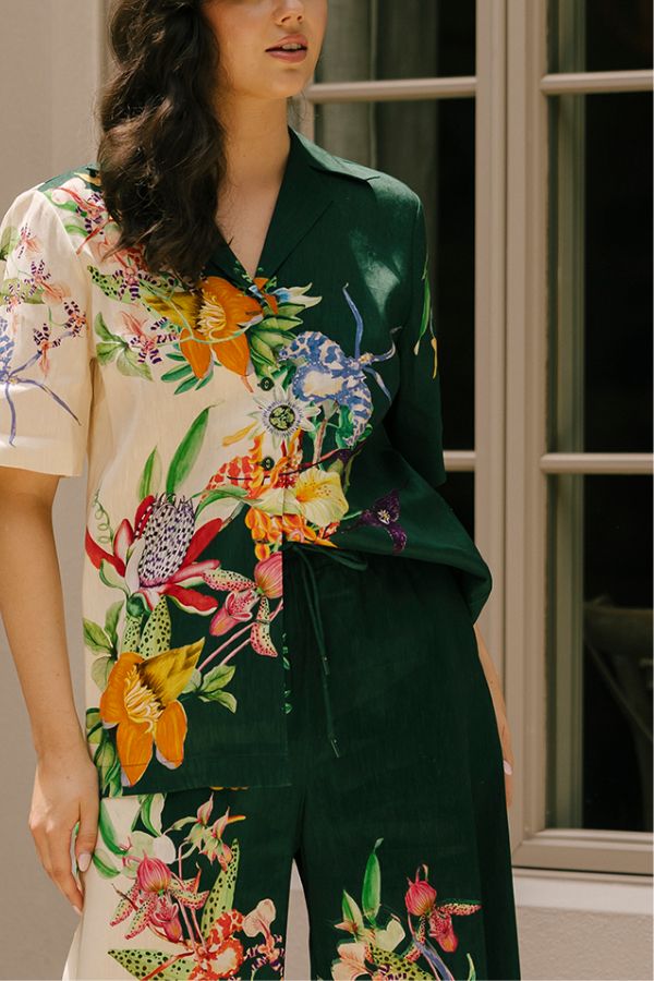 Island Linen Blend Unique Print Short Sleeve Loose Shirt and Elastic Waist Pocket Pants Set - Fashionpara