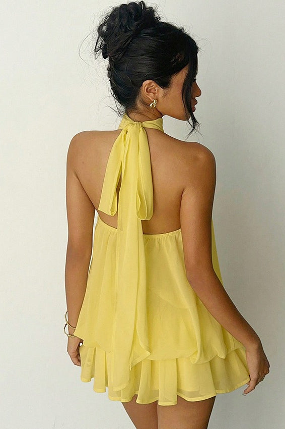 Chiffon Halter Neck Tiered Swing Mini Dress