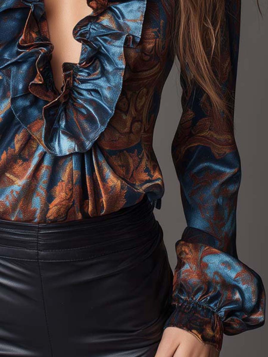 Baroque Print Satin Ruffle Blouse With V Front And Puff Sleeves