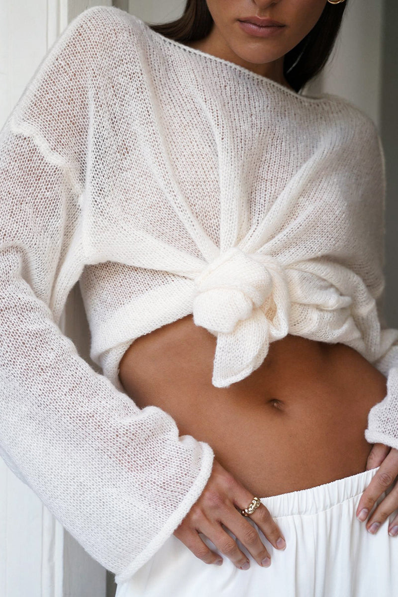 Elegant Hollow Out Bell Sleeve Knit Sweater for Women