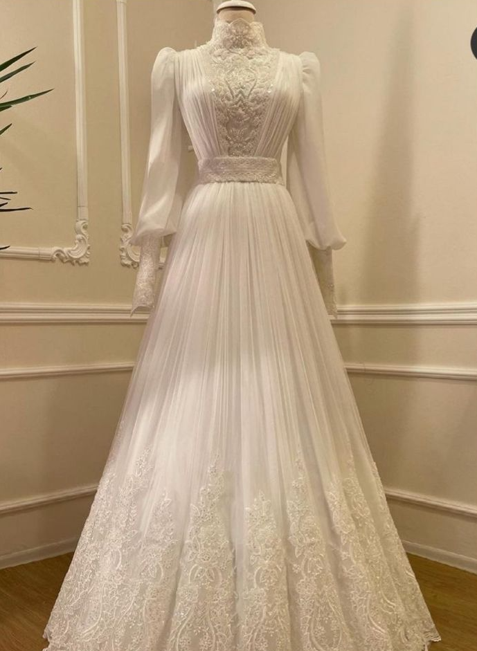Vintage High Neck Long Sleeves Wedding Dress Modest Bridal Dress