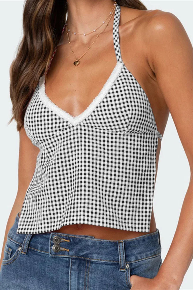Plaid Halter Backless Deep V-neck Crop Top
