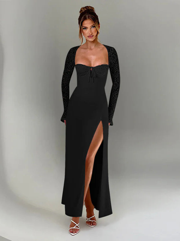 Lace Insert Long Sleeve Split Slim Fit Party Dress