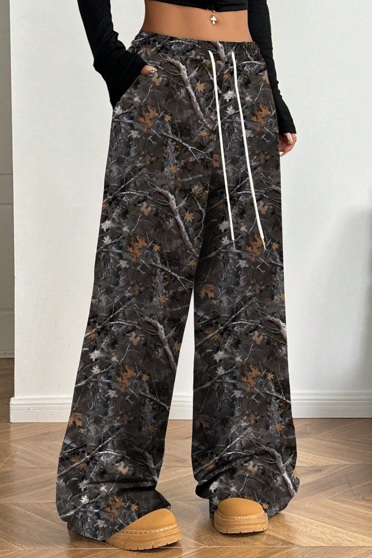 Camouflage Print Stretch Slim Wide Leg Casual Pants