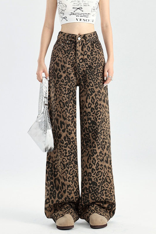 Leopard Print High Waist Fleece Lined Wide Leg Straight Jeans