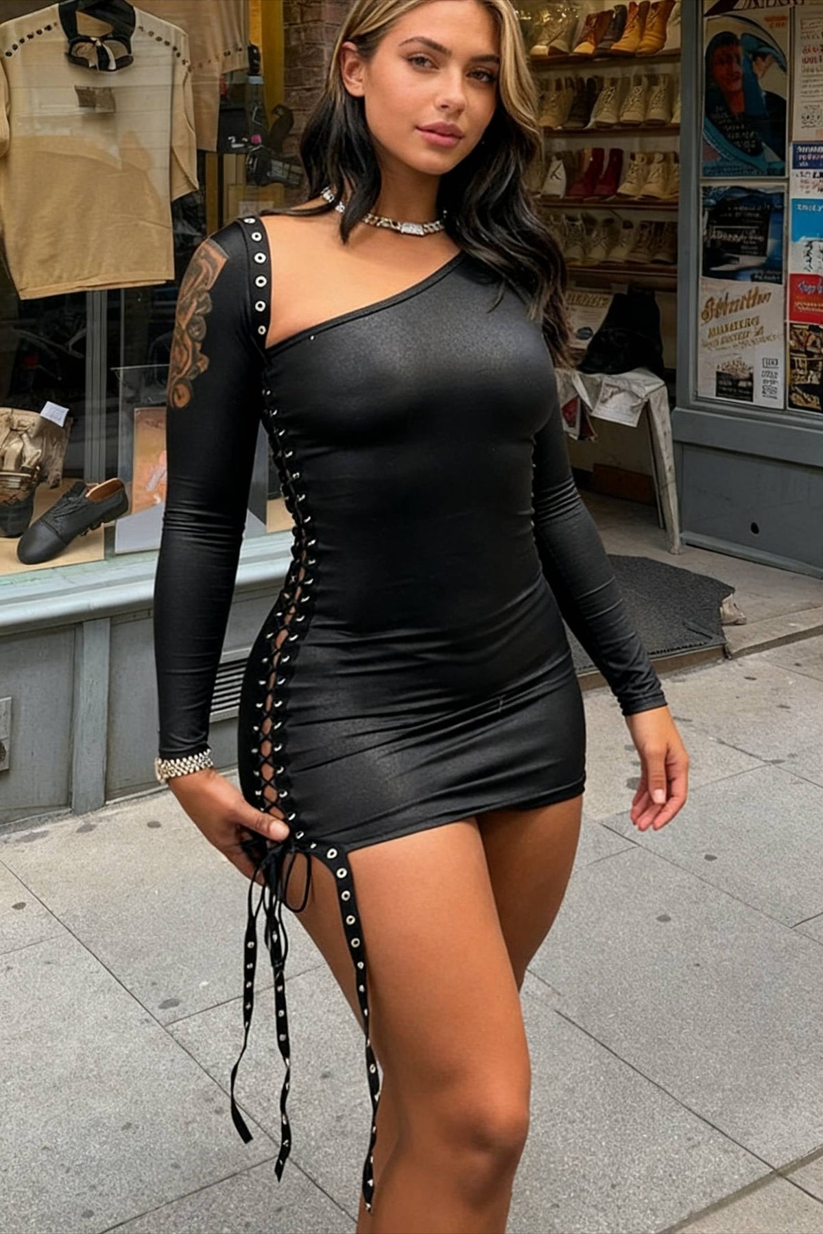 Bandage One Sleeve Bodycon Mini Dress