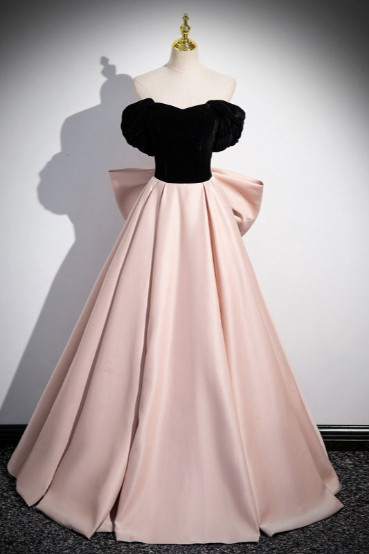Velvet Off Shoulder Puff Sleeve Satin Ball Gown Prom Dress