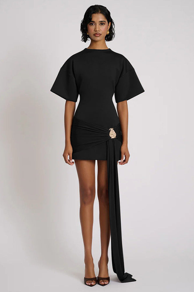 High Neck Short Sleeve Draped Wrap Mini Dress 6