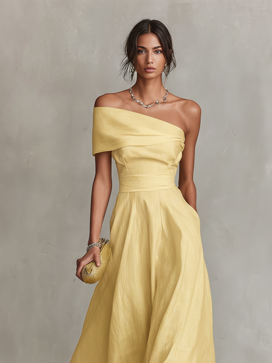 One Shoulder Pleated A-Line Midi Dress 3