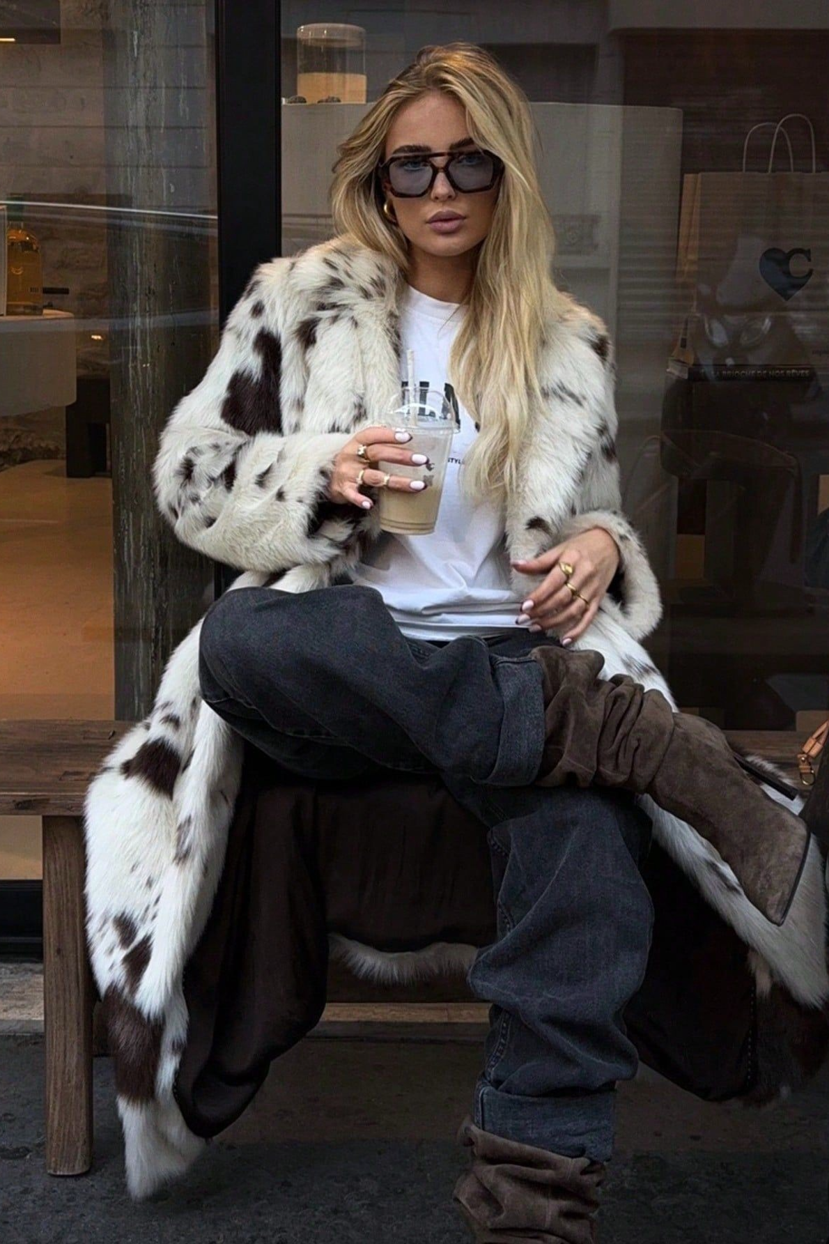 Animal Print Faux Fur Long Sleeve Warm Overcoat - Fashionpara