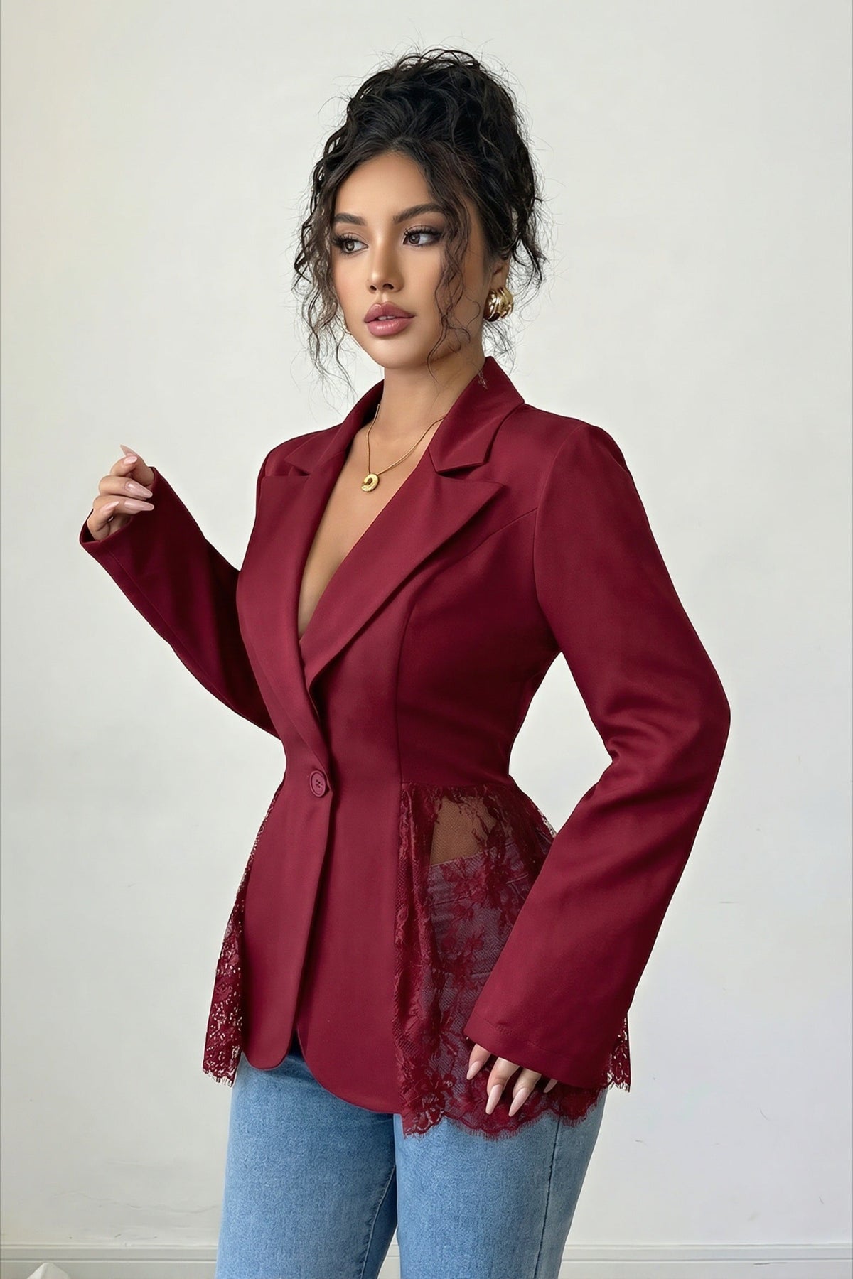 Sheer Lace Panel Single Button Tailored Longline Coat
