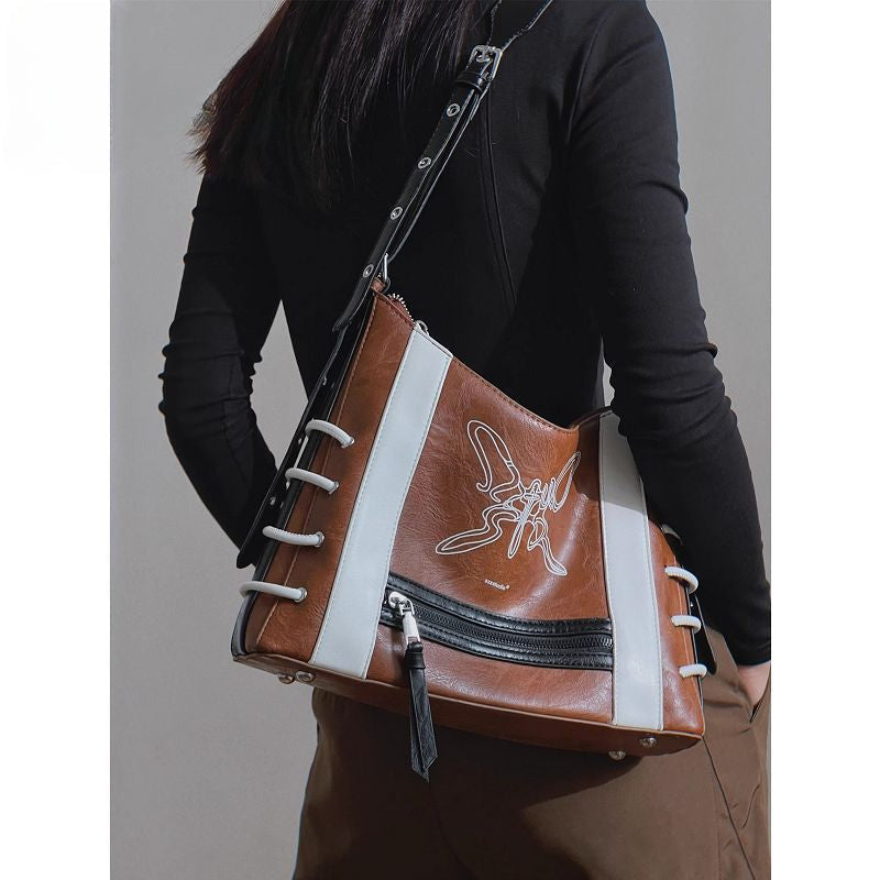 Vintage Harajuku Gothic High Street Butterfly Punk One Shoulder Motor Crossbody Bag Brown Halloween