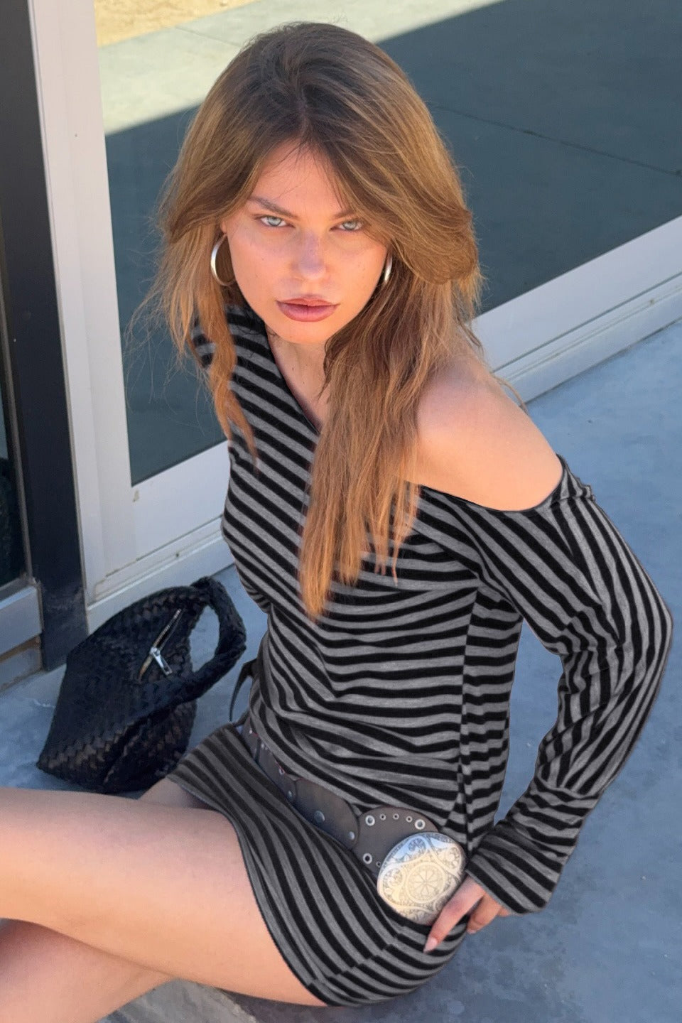 Striped One-Shoulder Long Sleeve Bodycon Mini Dress