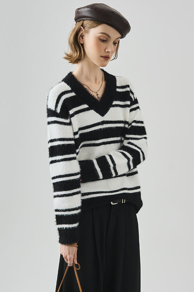 PrincessAce Striped V Neck Long Sleeve Knit Sweater