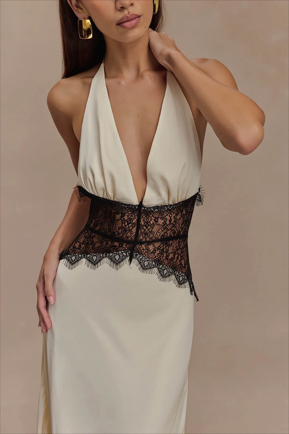 Satin Halter Neck Lace Waist Plunge Dress