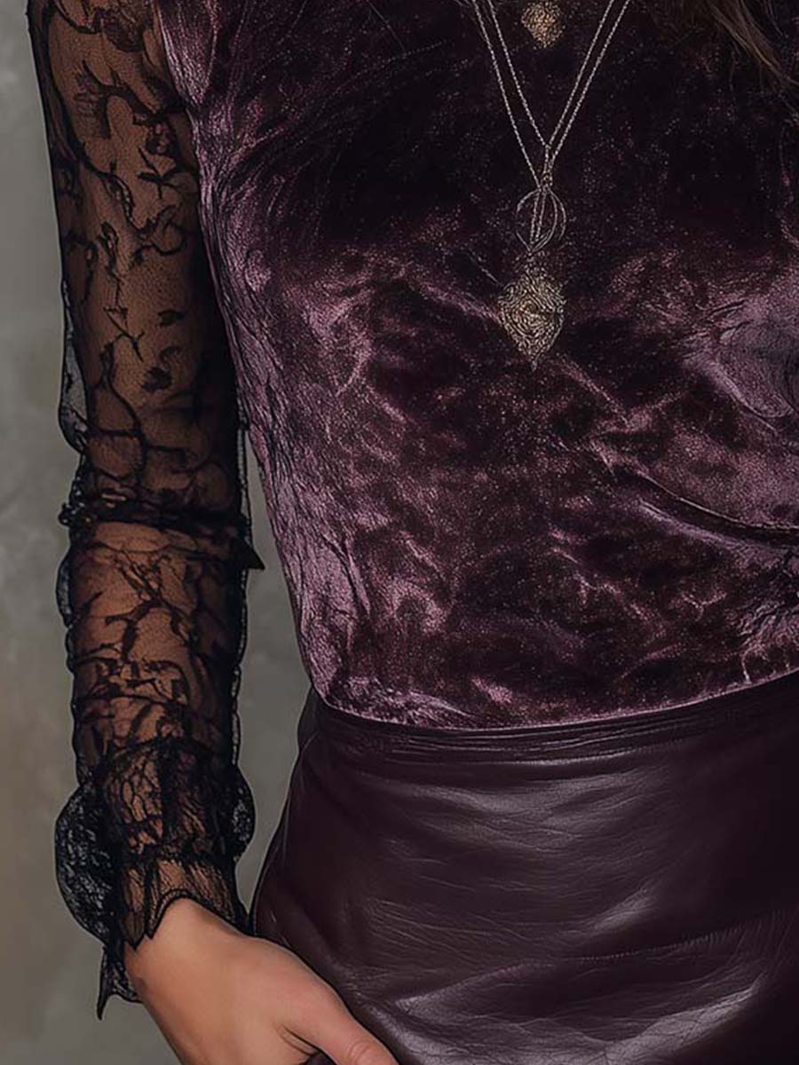 Velvet And Lace Gothic Sheer-Sleeve Top - Fashionpara