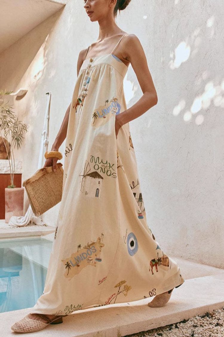 Linen Blend Sling Backless Loose Holiday Maxi Dress - Fashionpara