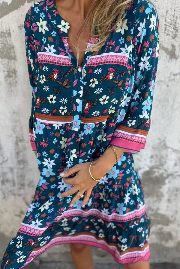 Ethnic Floral Print V-neck Loose Pocket Mini Dress - Fashionpara