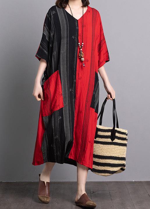 V-Neck Short Sleeve Contrast Patch Pocket Vertical Midi Dress - View 3