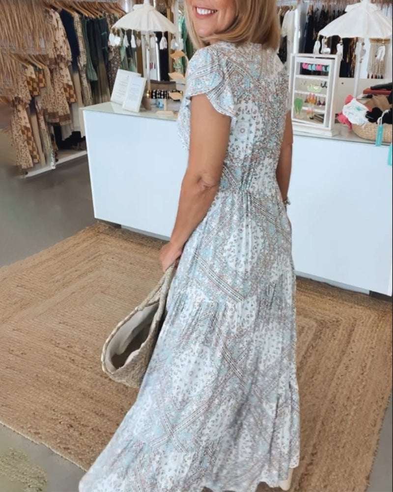 V-Neck Flutter Sleeve Buttoned Tiered Boho Maxi Dress - View 3