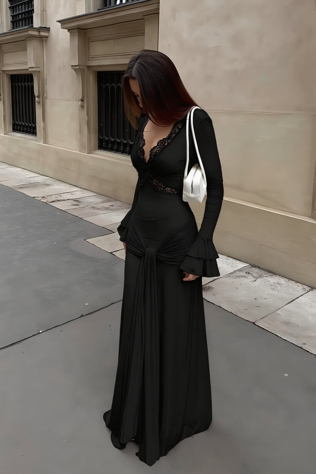 Lace Trim V-Neck Long Sleeve Mermaid Maxi Gown