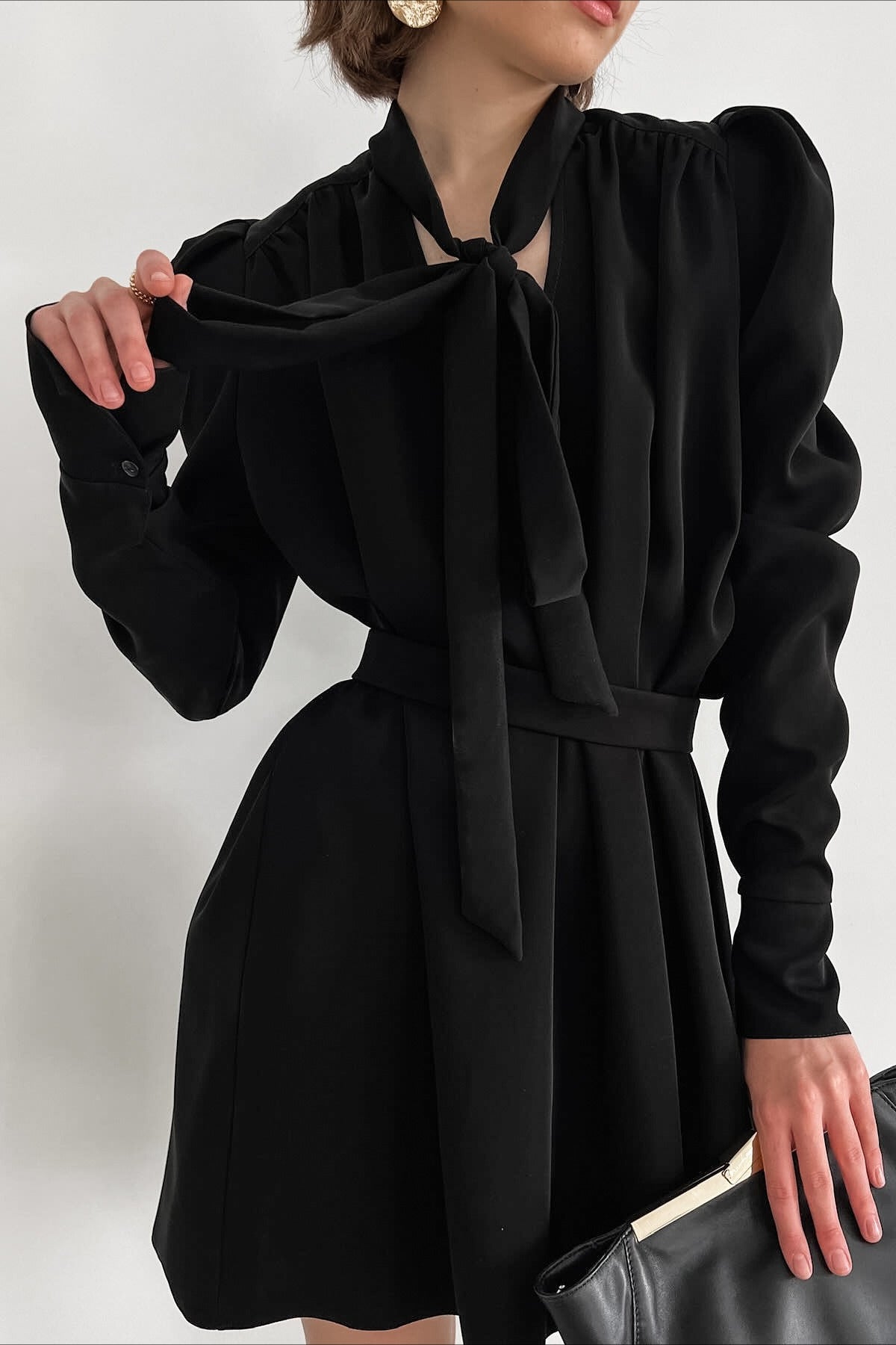 Satin High Neck Puff Sleeve Wrap Mini Dress