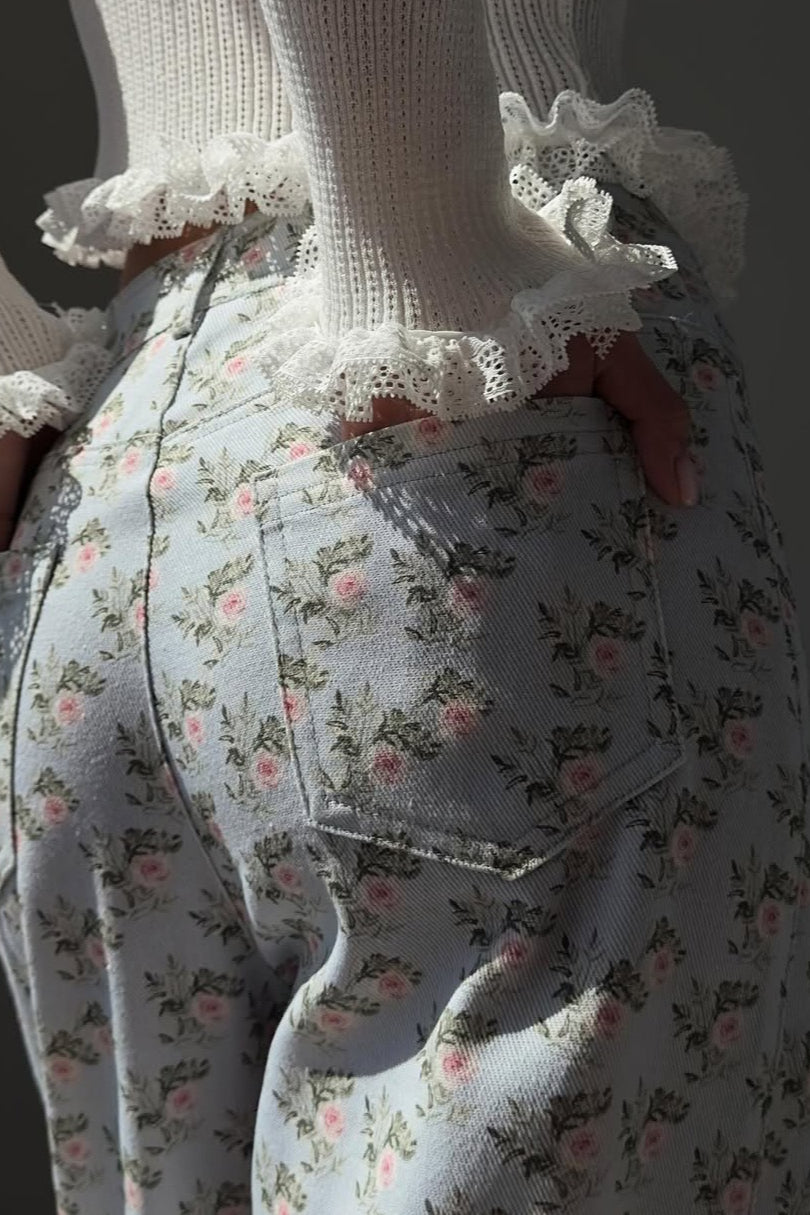 Vintage Light Floral High-Waist Wide-Leg Jeans