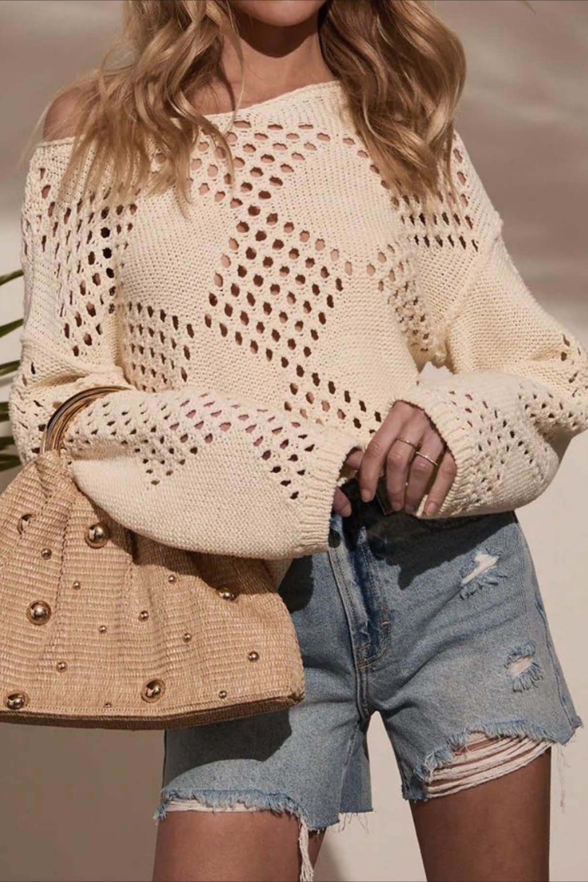Cutout Off-the-Shoulder Long Sleeve Knit Blouse