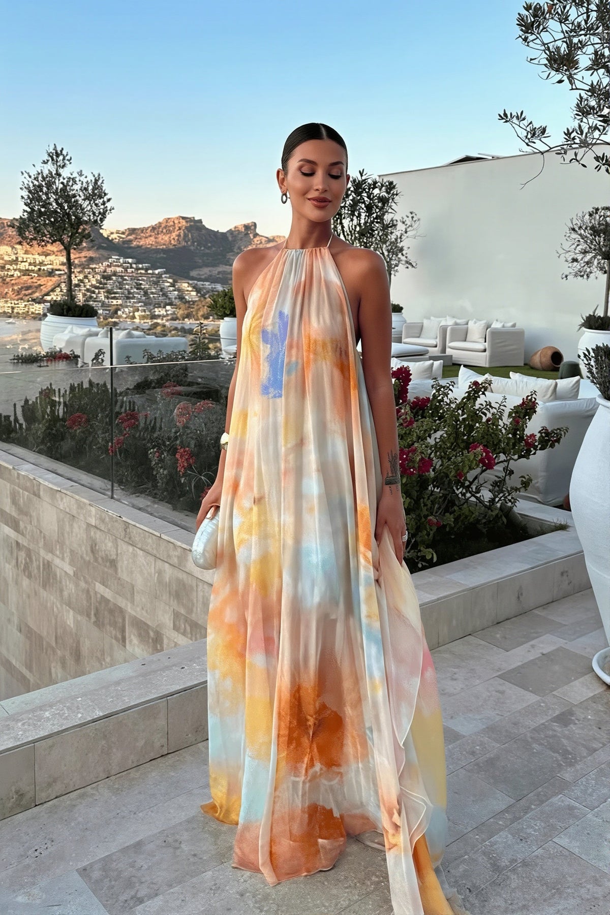 Abstract Print Halter Neck Maxi Dress