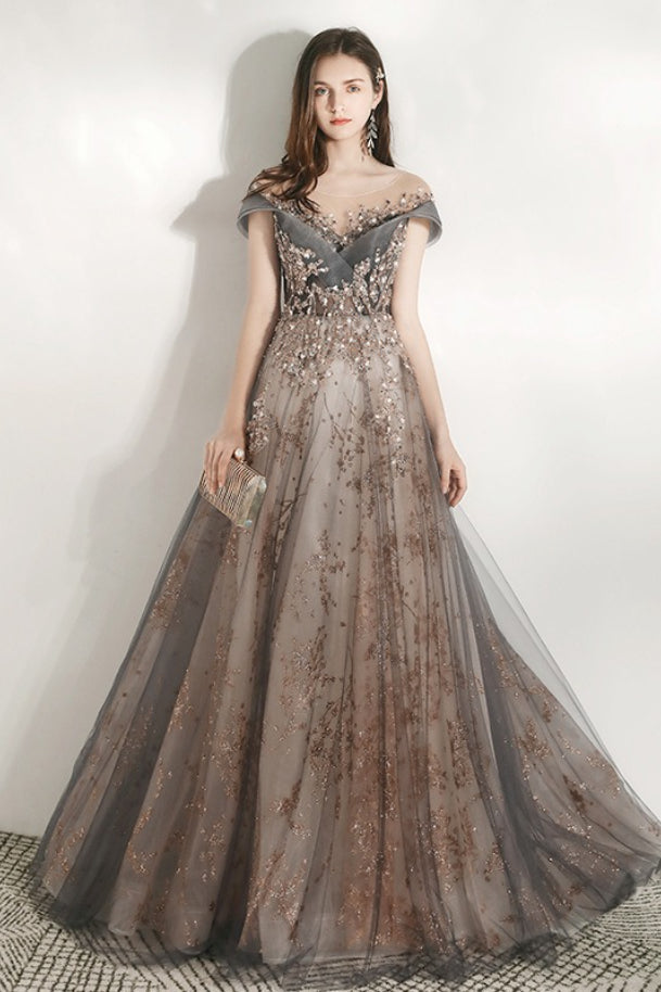 Off Shoulder V-Neck Beaded Tulle A-Line Prom Gown