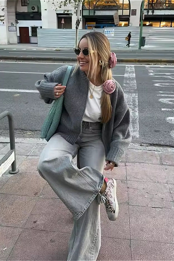 Solid Knit Zip Cardigan with Long Sleeves for Versatile Style