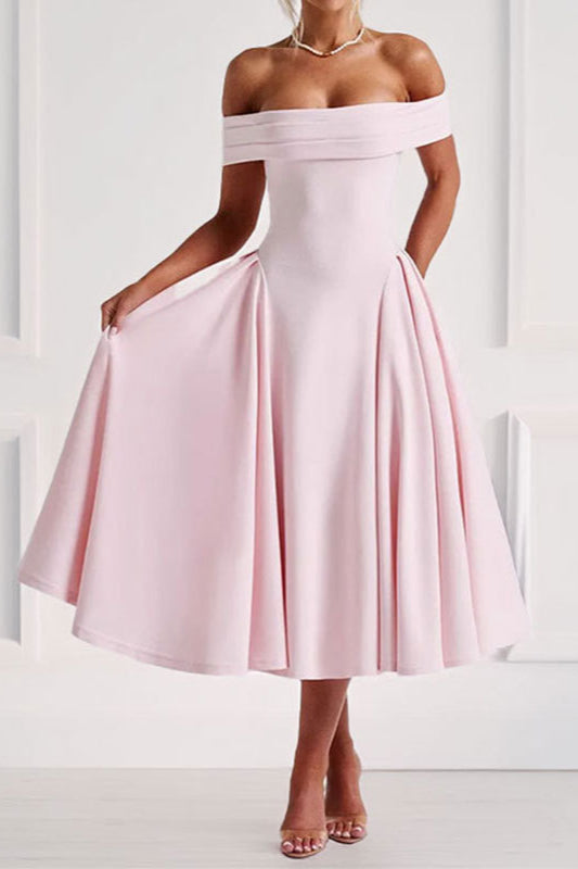 Off-Shoulder Waist-Cinched Solid Party Dress