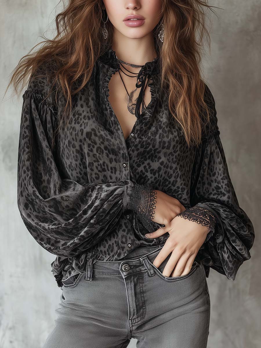 Smoky Gray Bohemian Romantic Velvet Leopard Print Shirt - Fashionpara