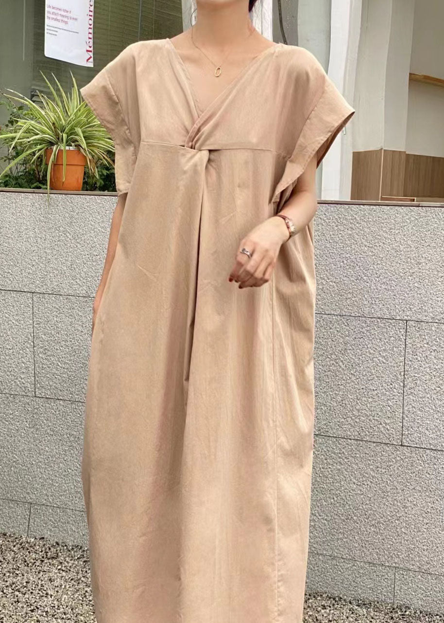 Linen Texture V-Neck Twist Front Cap Sleeve Pocket Midi Dress - View 2