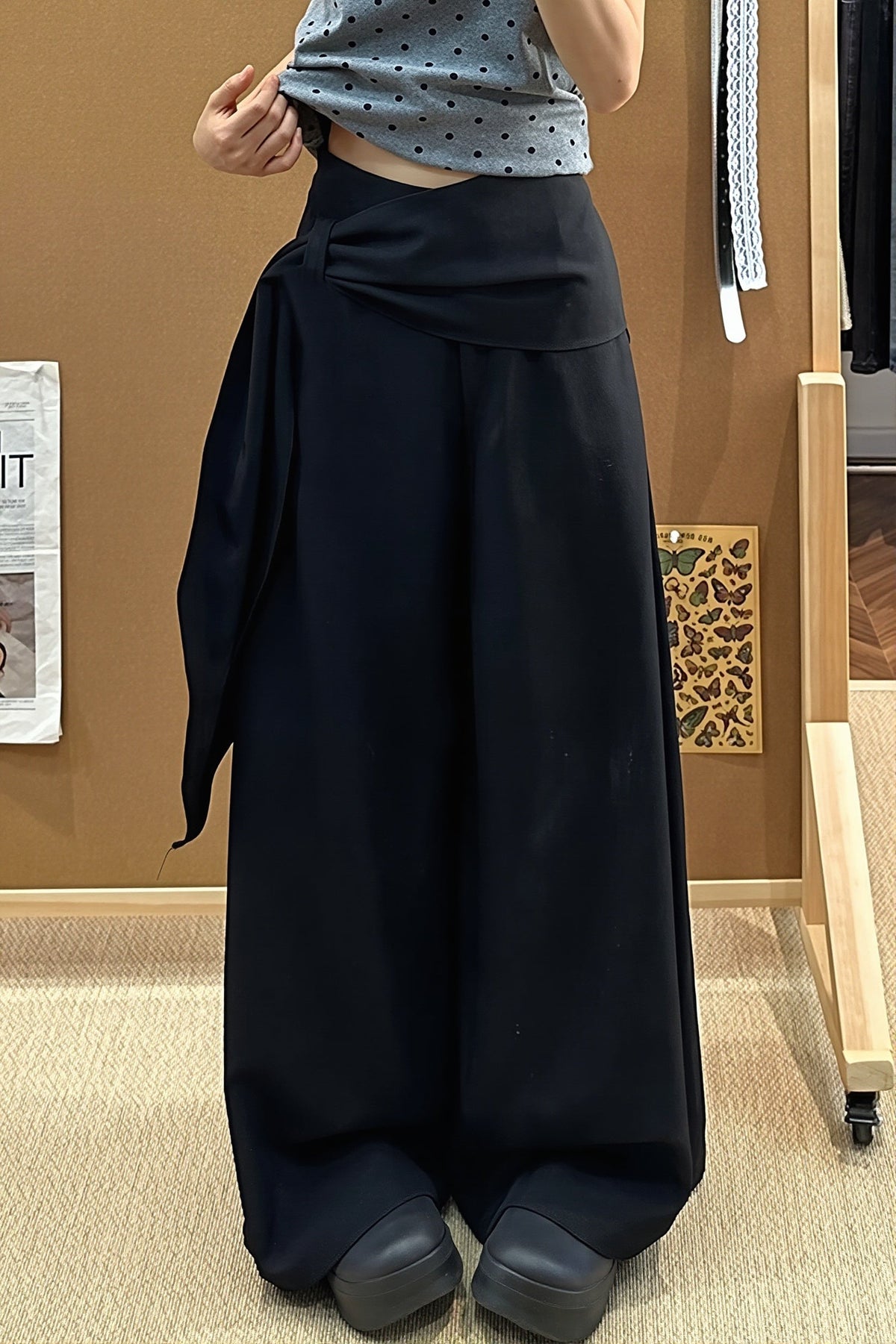 Draped Waist Tailored Wide Leg Pants