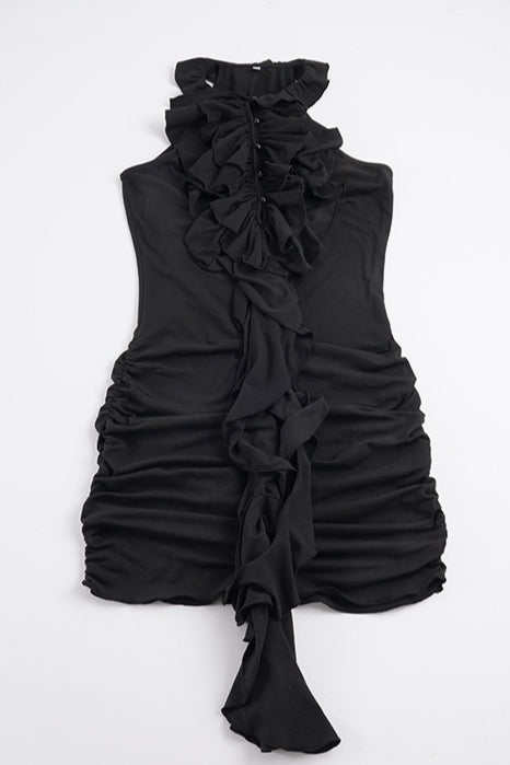 Cascade Ruffle High Neck Bodycon Mini Dress